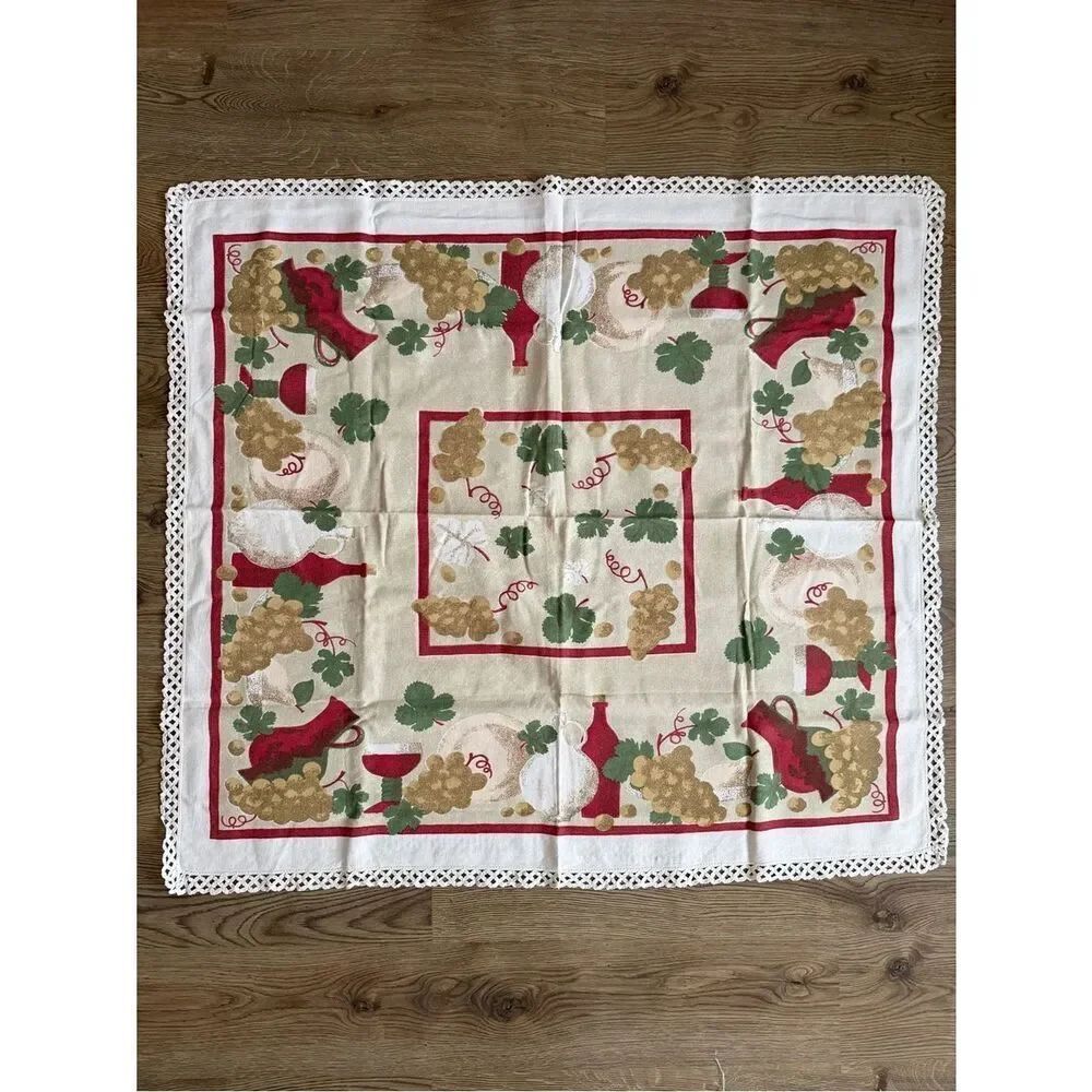 Vintage Grapes & Wine Table Cloth in Red, Green, Gold on Cream